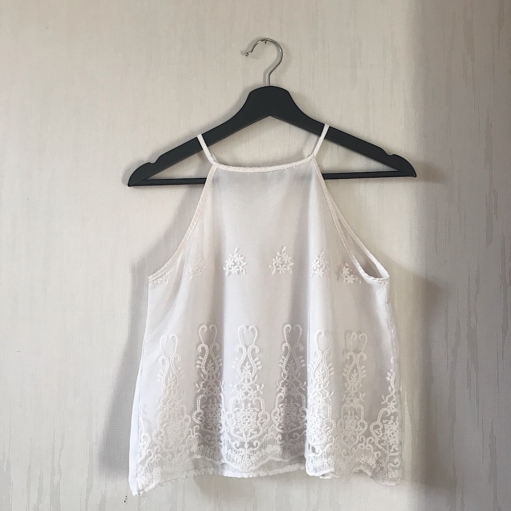 Cream Embroidered Halter Tank Top